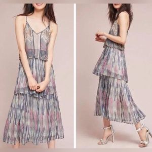 Anthropologie Meadow Rue Tiered Jose Maxi Dress Metallic Print 10